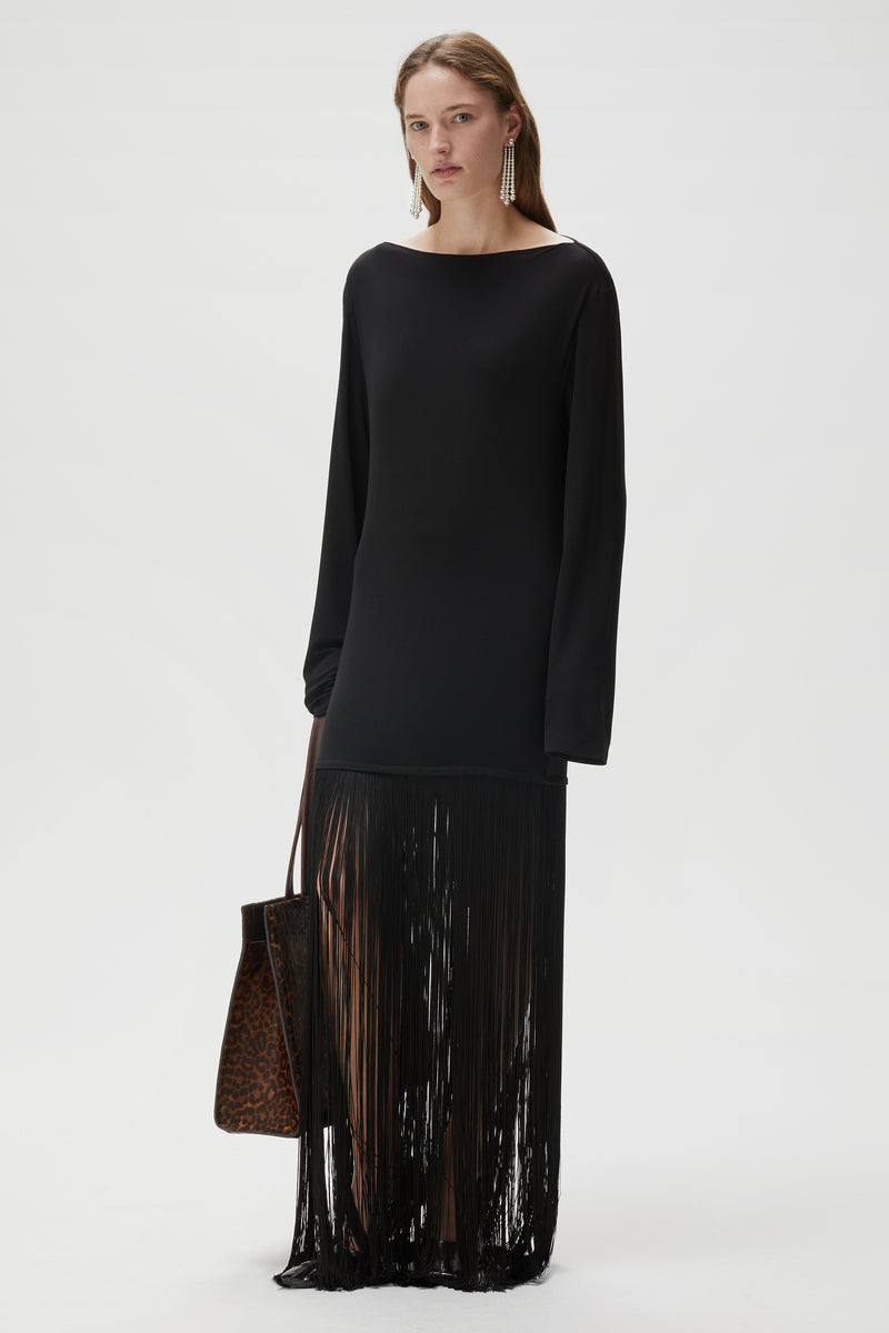 Jolie Dress — Jersey Crepe Long-Sleeve Fringe Dress