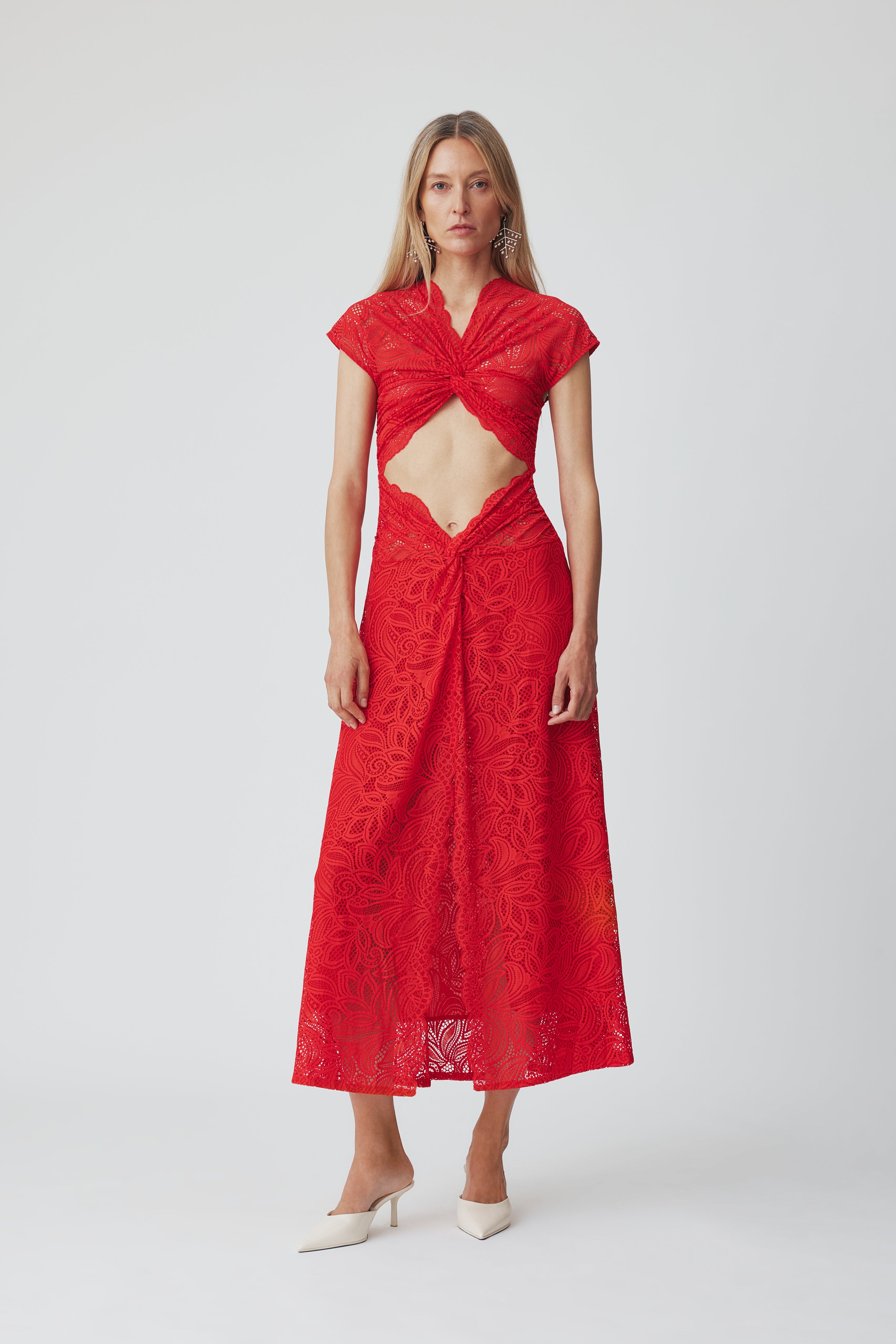 beaufille red dress Alba Dress  Stretch Lace A-Line Bell Sleeve
